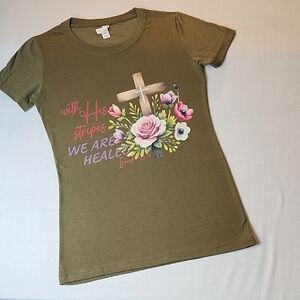 Olive Green Graphic Tee with Floral Design